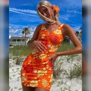 Women’s Sleeveless Knit Bodycon Dress Tropical Orange Floral Print Wild Fable L
